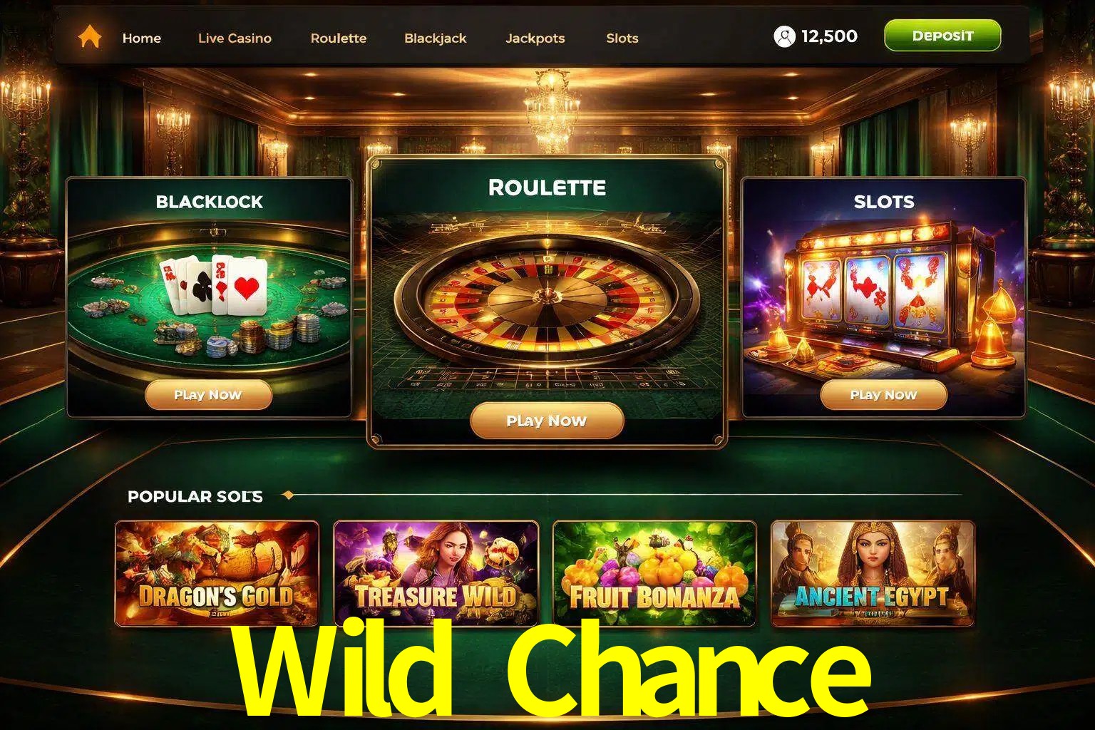 Vista de la plataforma Wild Chance Casino mostrando categorías organizadas de juegos en línea