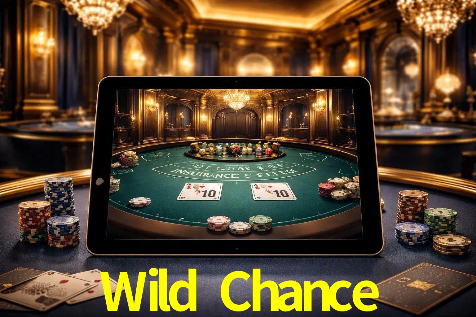 Configuración moderna de casino en vivo con una tableta mostrando una mesa de blackjack, luces cálidas de estudio y una atmósfera elegante de juegos digitales.