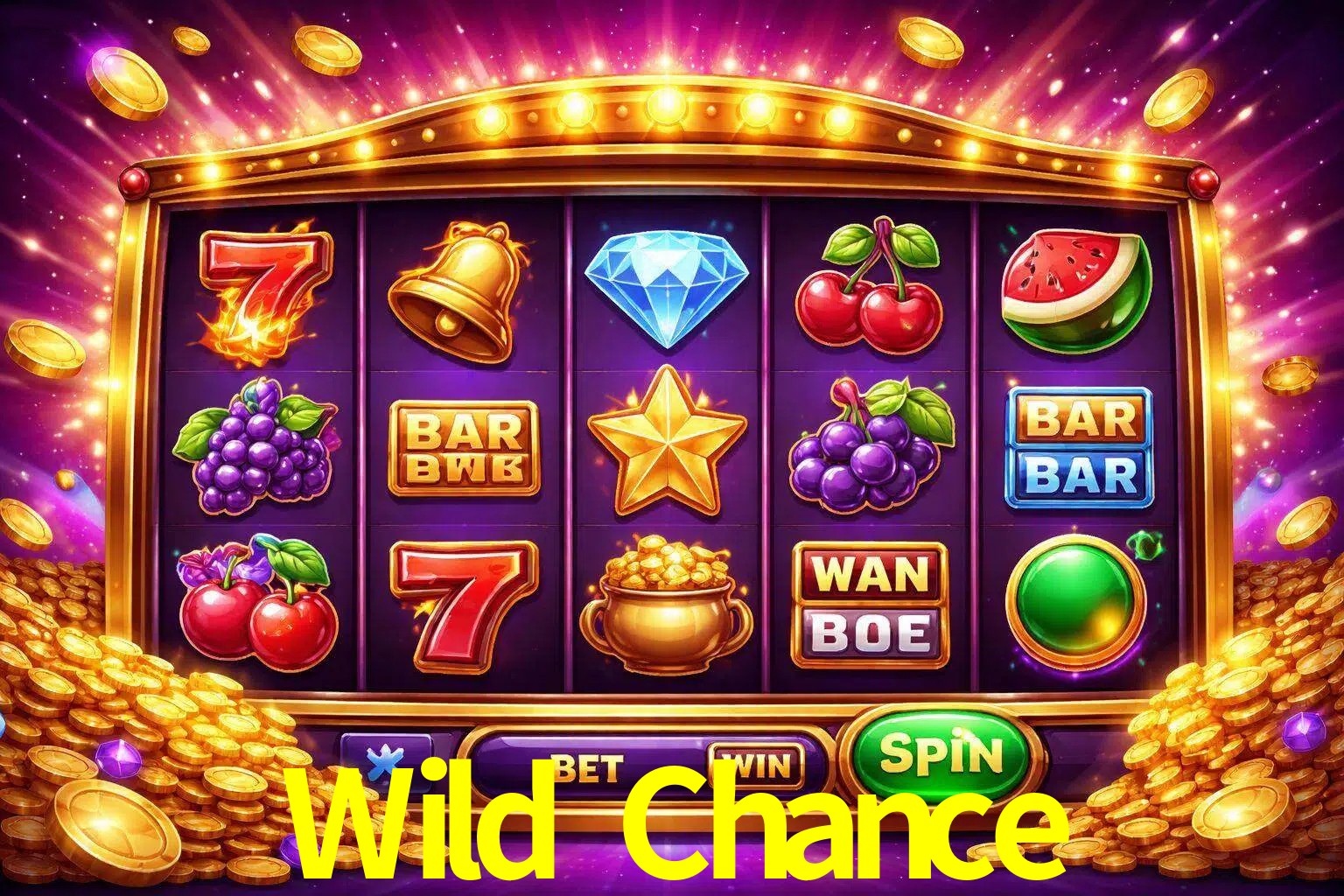 Una interfaz colorida de tragamonedas en línea con símbolos brillantes, monedas y un efecto de victoria celebratoria en Wild Chance.
