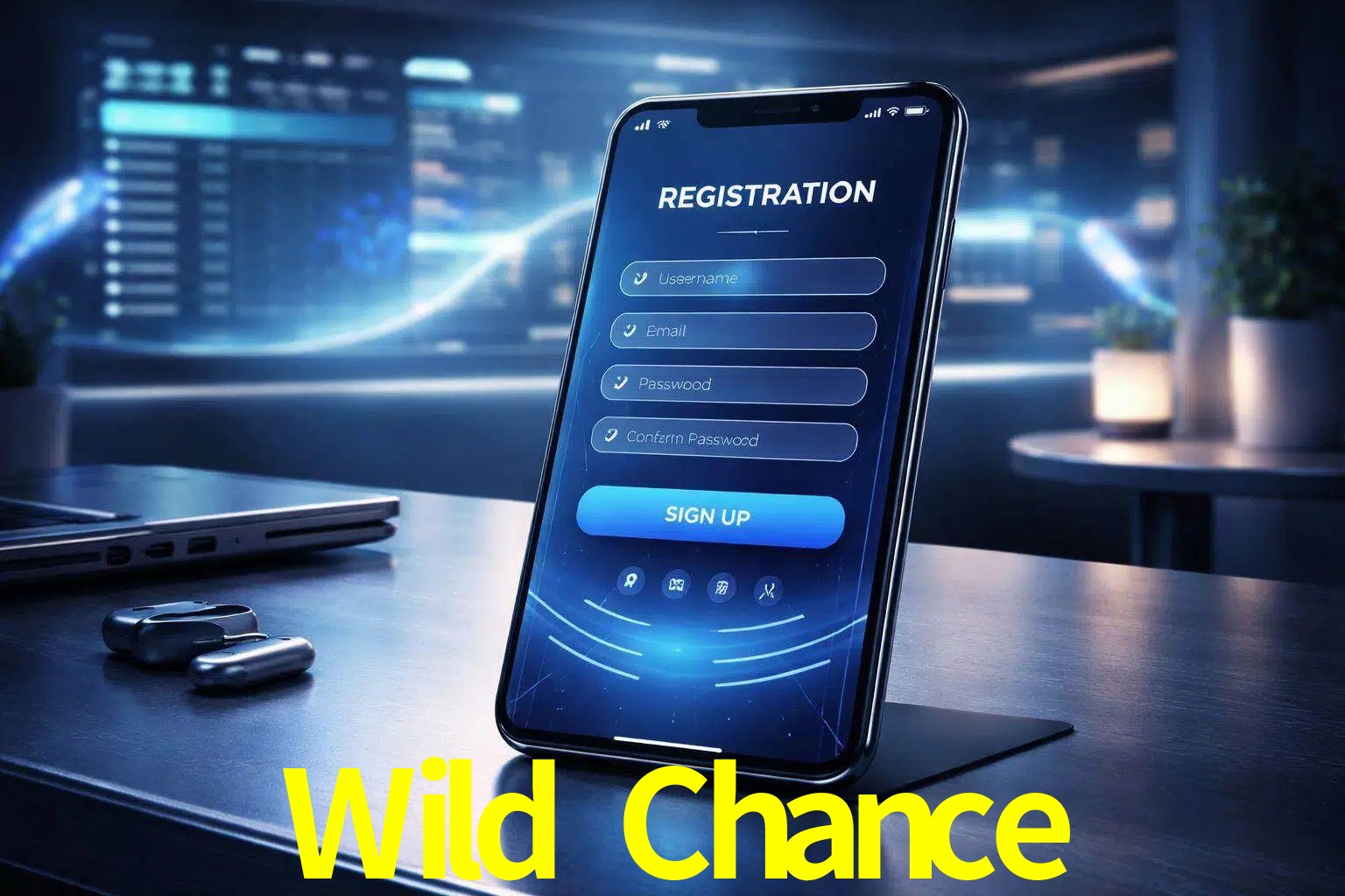 Una interfaz moderna de registro móvil para Wild Chance mostrada en un smartphone con un panel de apuestas elegante.